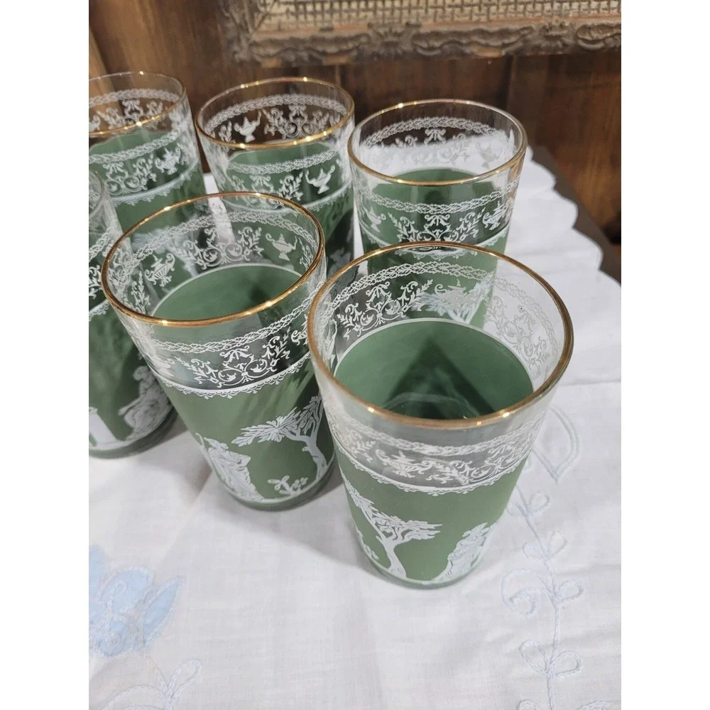Vtg Wedgwood Jasperware Hellenic Jeanette Green Grecian Tumbler 12 Ou Set Of 8